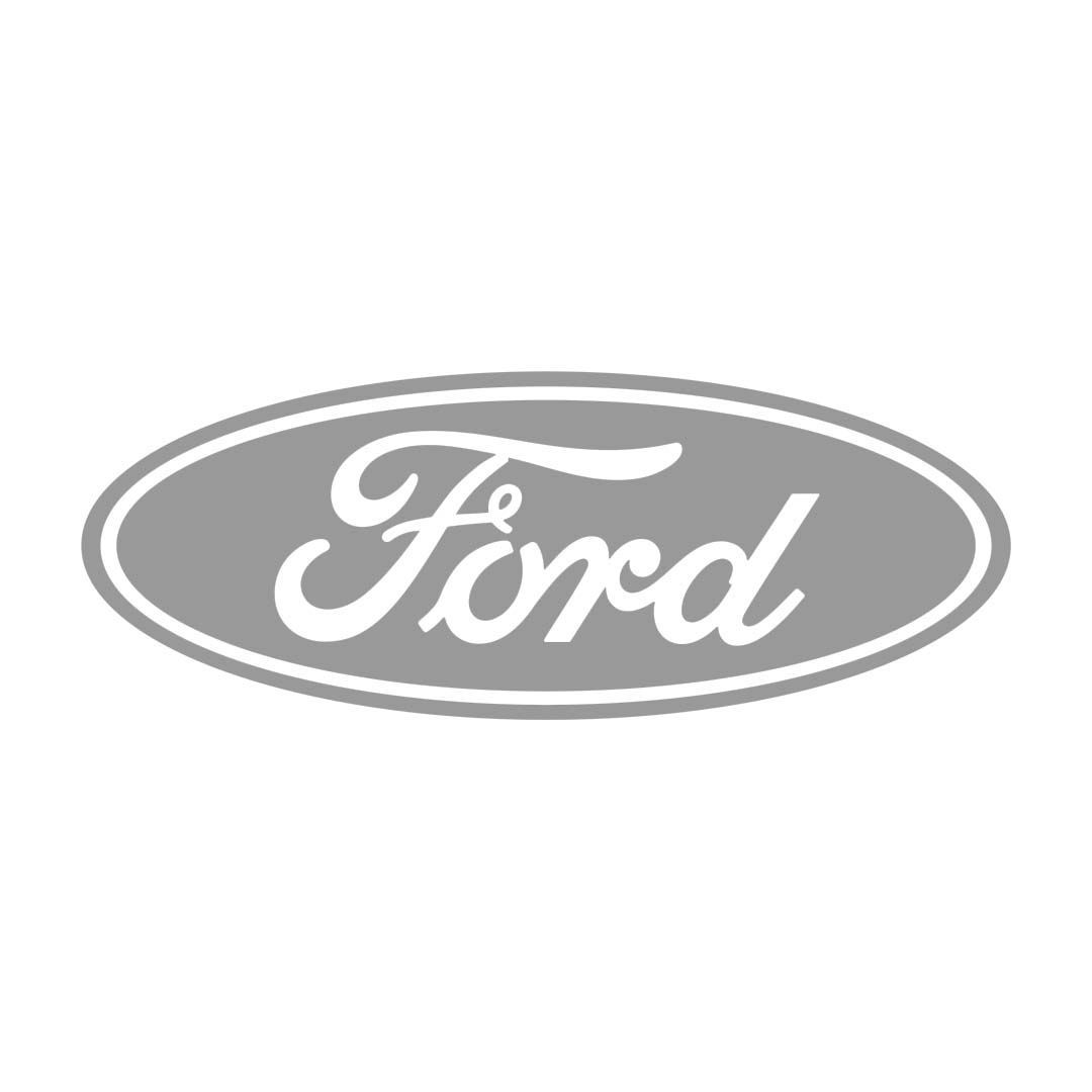 A gray and white ford logo on a white background.