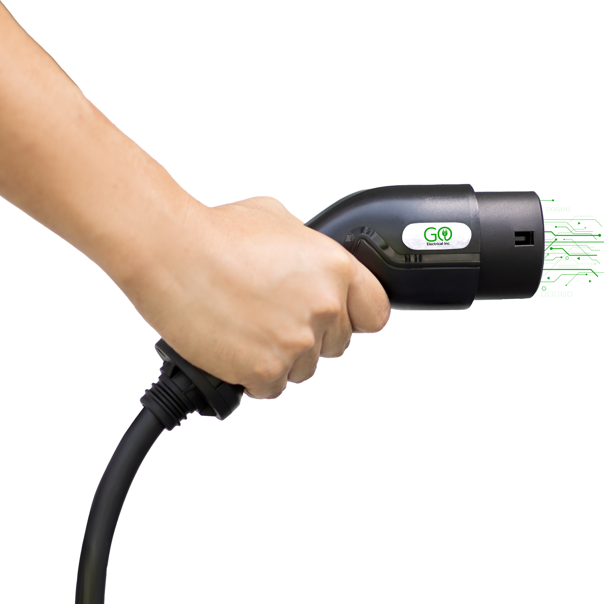 A person is holding a charging plug in their hand.