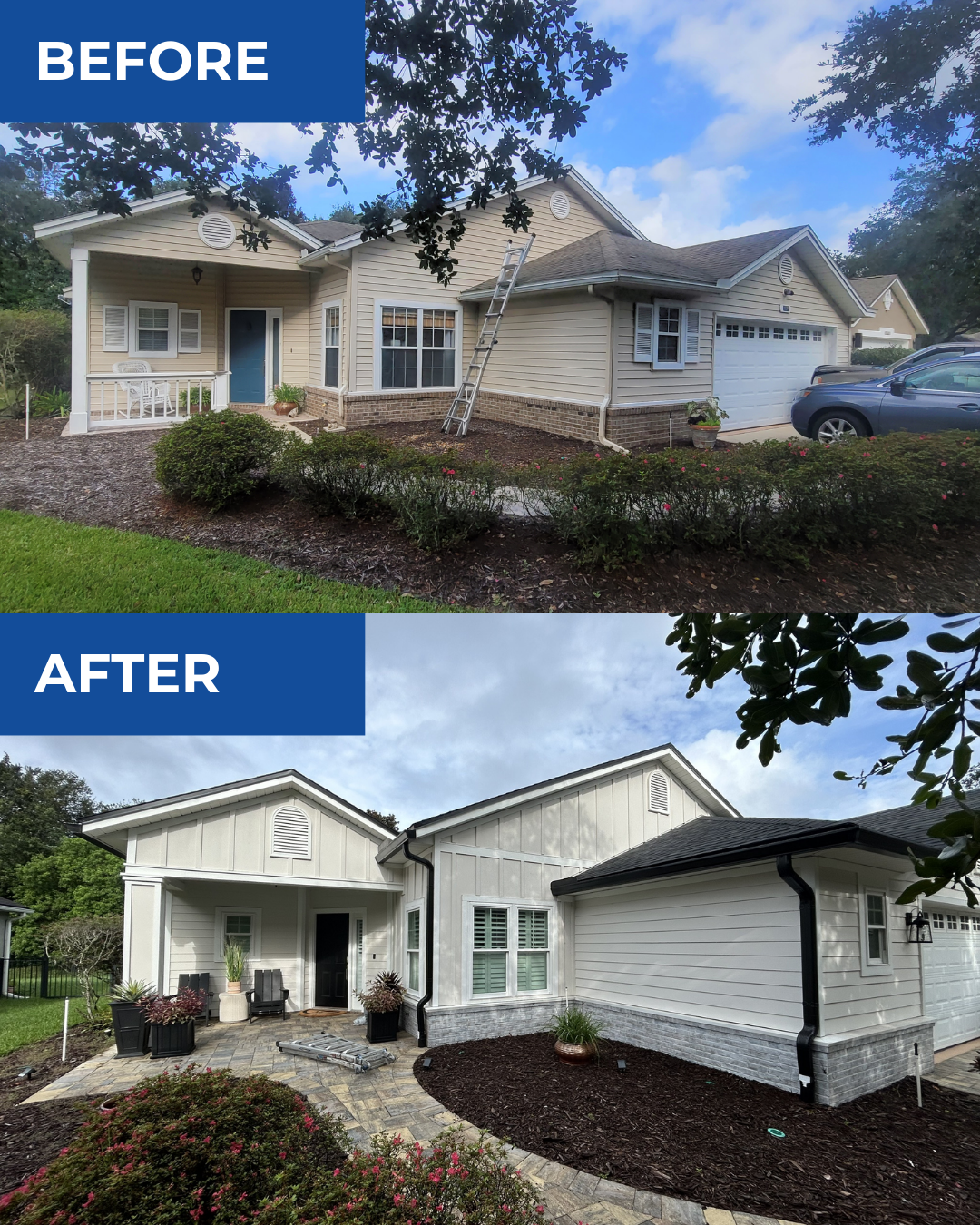 Before-and-after shot of a house renovation. The house changes from tan siding to white, with a black roof and trim.