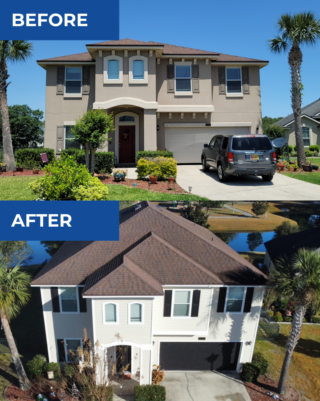 Before-and-after of a two-story house with a tan exterior and brown roof; the after shows a white exterior with a brown roof.
