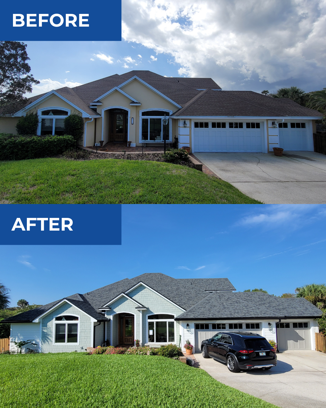 Comparison of a house before and after a renovation.