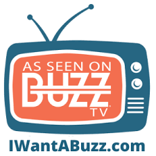 Logo: Blue retro TV shape with "AS SEEN ON BUZZ TV" text in orange and white, with "IWantABuzz.com" below.