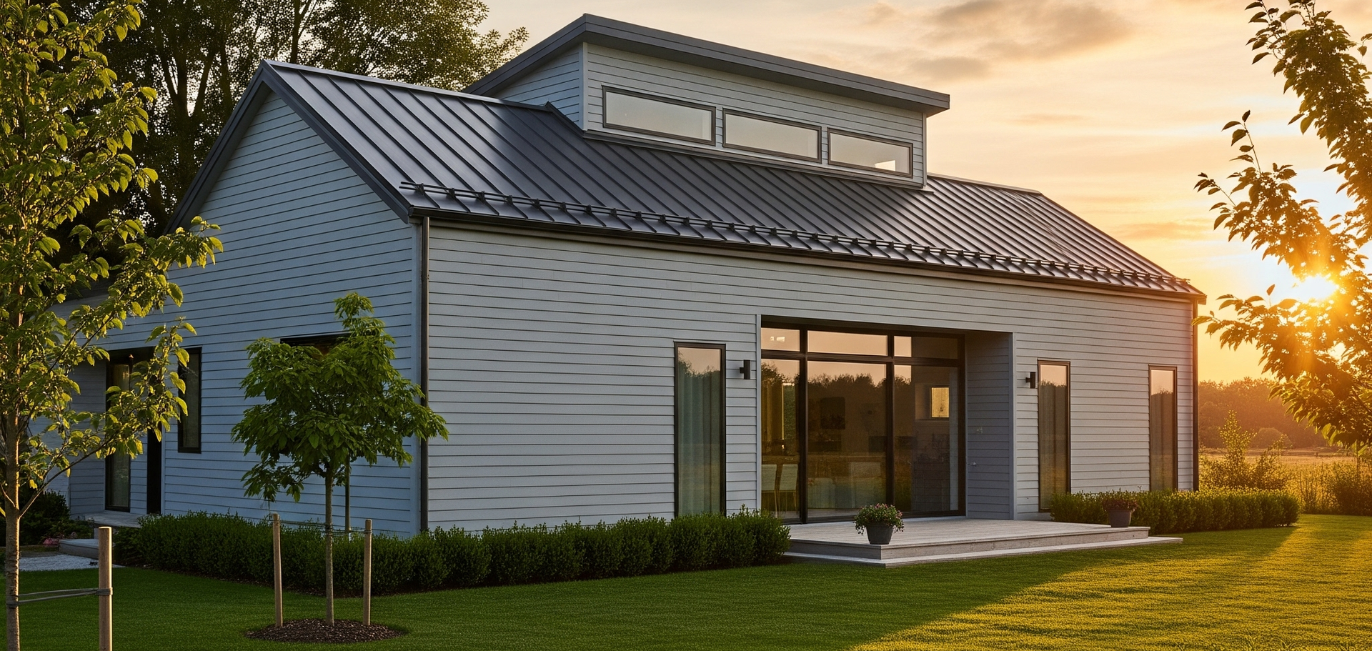 Modern house with gray siding, dark roof, and large windows, in a grassy yard at sunset.