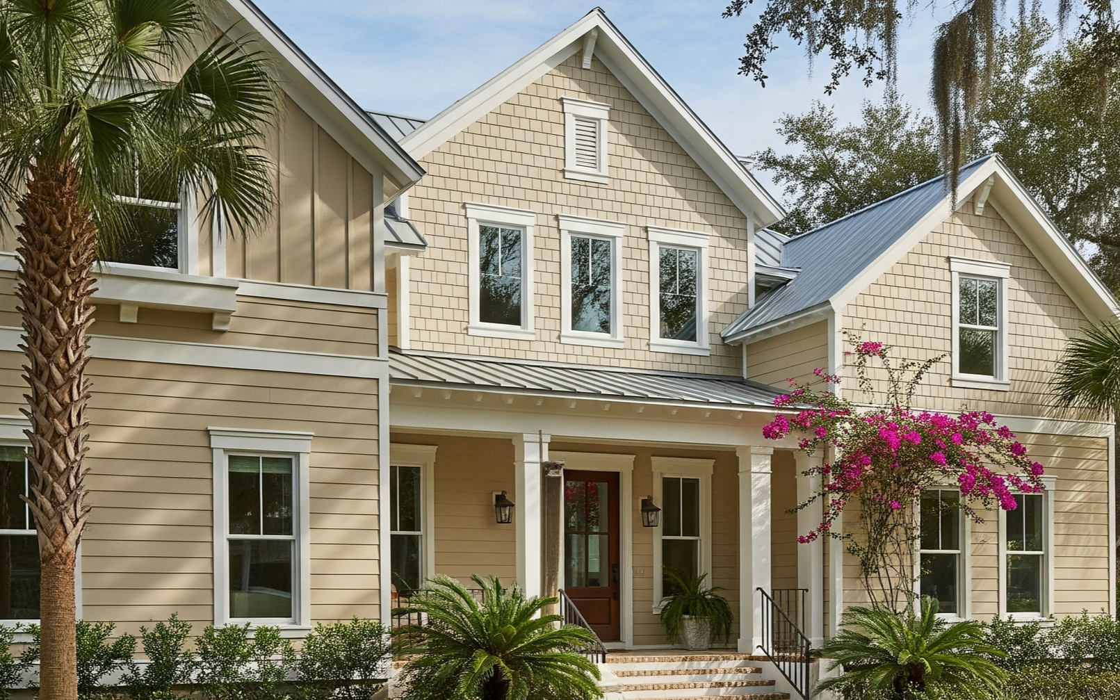Tan and white two-story house with a red door, windows, and palm trees.