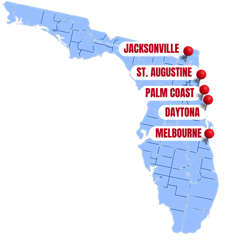 Map of Florida highlighting coastal cities