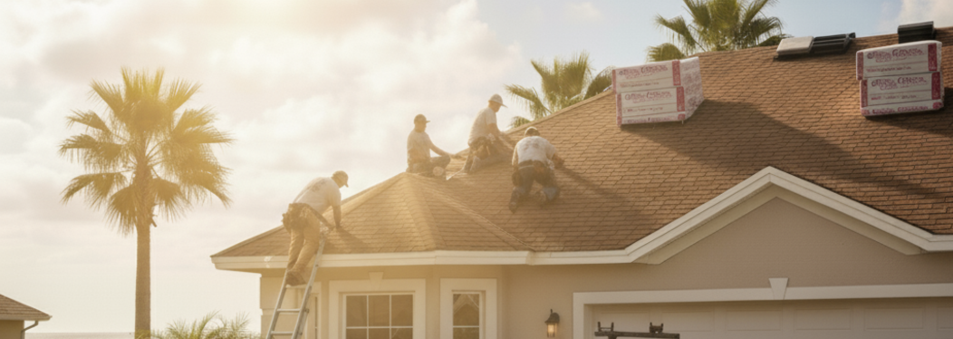 Roofers working on a residential roof in bright sunlight; palm trees are visible.