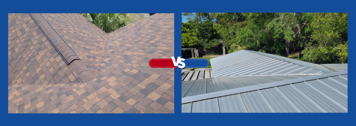 Comparison of a shingle roof and a metal roof, with