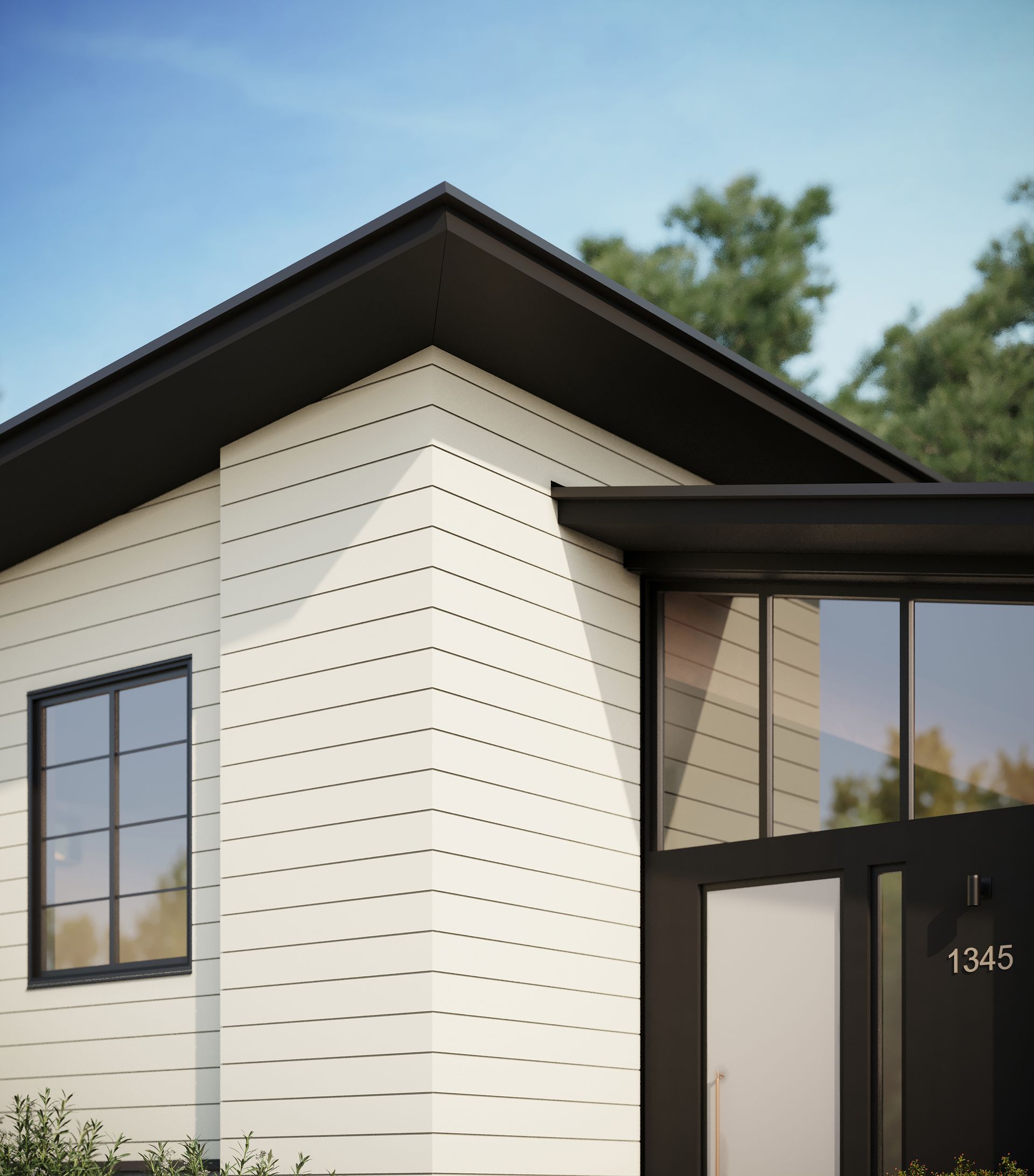 Modern house exterior with white siding, black trim, and large windows. House number 13-5 is visible.