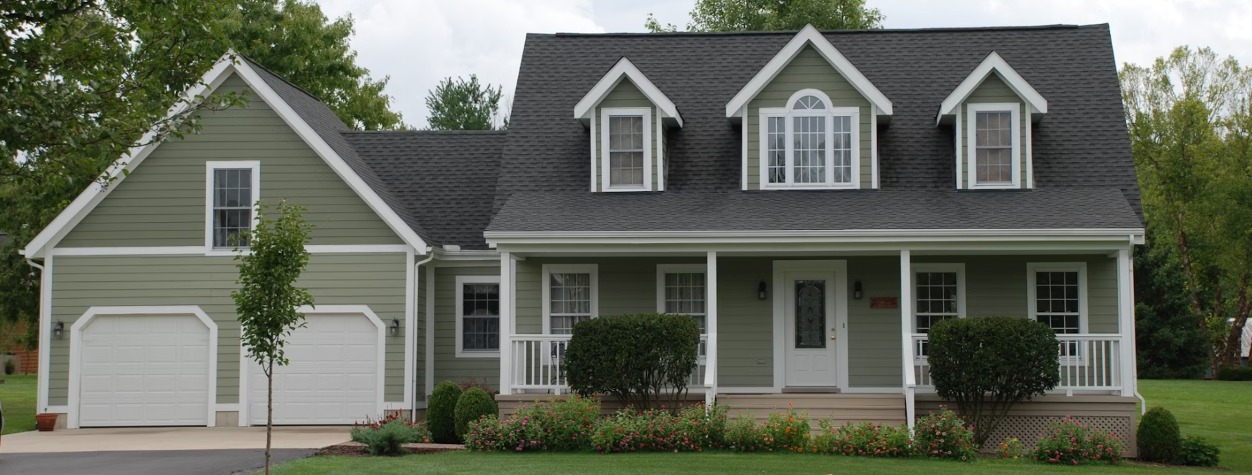 A light green house with white trim, black roof, and three dormers. It has a porch with a white door and two garage doors.