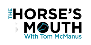 Logo for "The Horse's Mouth" podcast with a horse head silhouette and text "With Tom McManus".