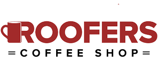 Logo for Roofers Coffee Shop in white background. T