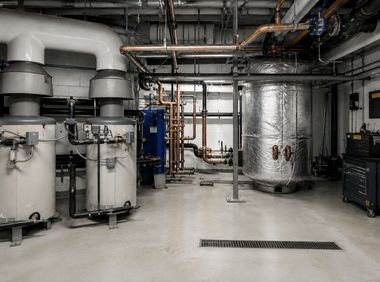 Open ceiling wall cavity with exposed copper pipes, valves, and plumbing lines.