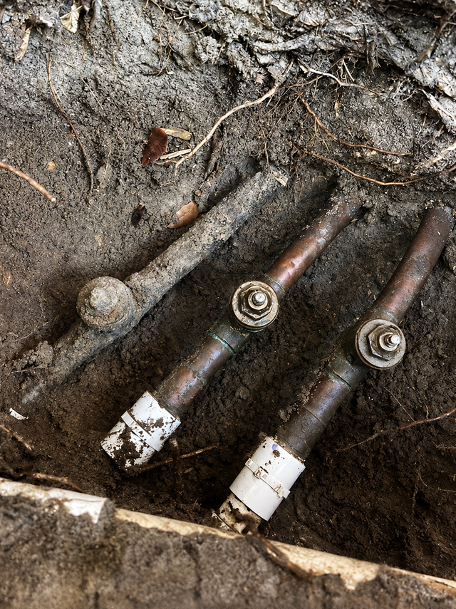 Three old metal pipes or tools lying in muddy dirt, partially covered with debris.