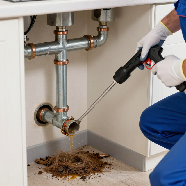 Person using a drain snake to clear a clogged pipe under a sink, with debris on the floor