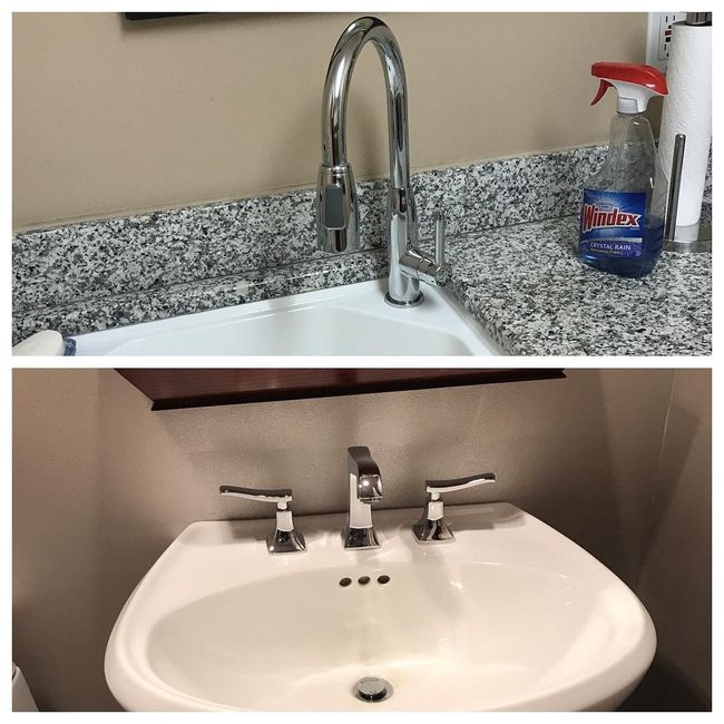 Two bathroom sinks with chrome faucets and speckled countertops; one has a soap dispenser.