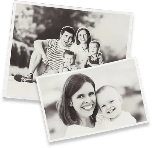 Two overlapping black-and-white family photos, one showing a smiling couple with children and one showing a mother with a baby