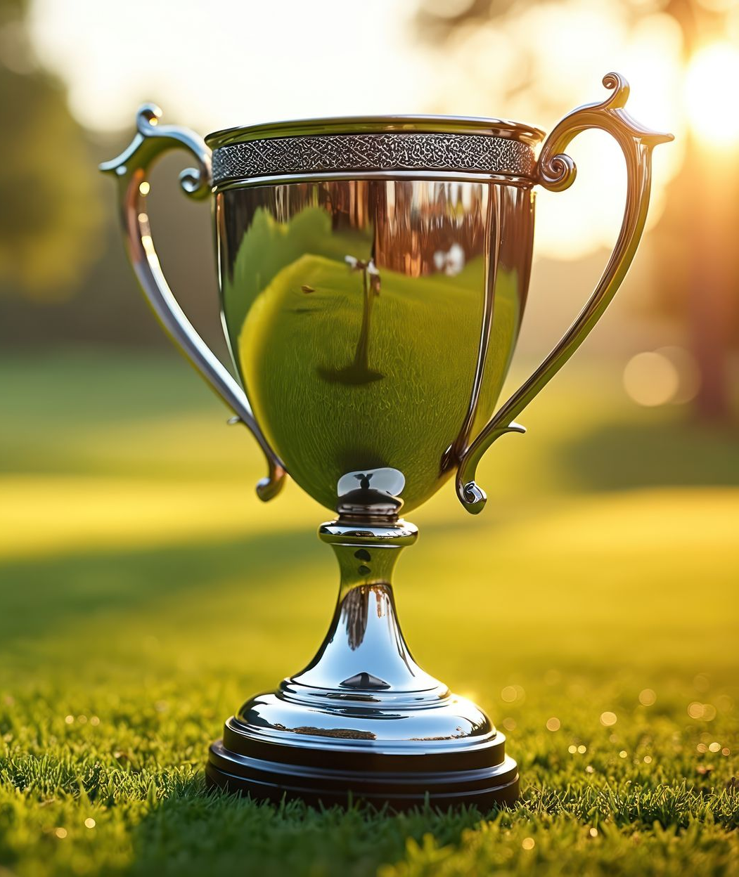 A silver trophy stands on a lush green golf course during a sunny day.