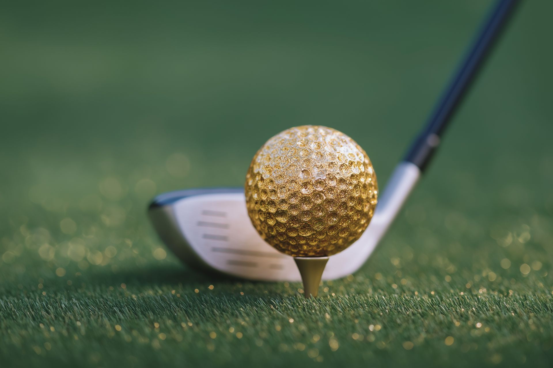 A gold golf ball rests on green grass next to a golden golf club, set against a bright sunset over a treelined course.