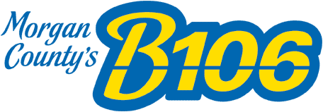 Morgan County’s B106 logo in blue and yellow lettering
