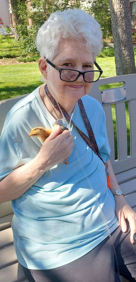 A smiling person wearing glasses and a blue shirt sits on a park bench while gently holding a small yellow chick.