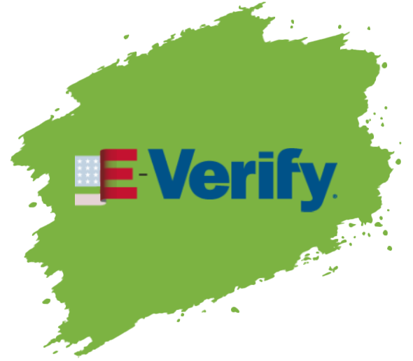 E-Verify logo with a red, white, and blue graphic and dark blue text on a green blotch.