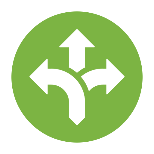 A lime-green circle containing a white icon of three arrows branching upward, left, and right from a single vertical base.