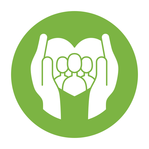 Two hands cupped together to form a heart shape around a group of three stylized human figures on a green circle.