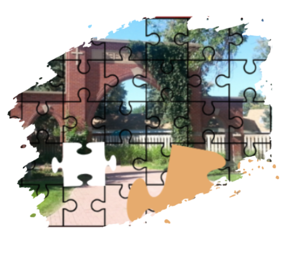 Puzzle of brick archway and sidewalk, with one piece missing.