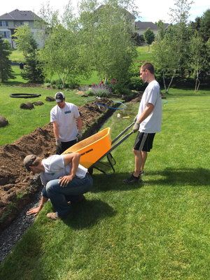 A man is pushing a wheelbarrow in a yard.