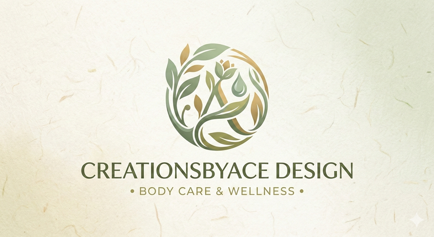 Creations by Ace Design logo with green leaf wreath and “Body Care & Wellness” text on beige background