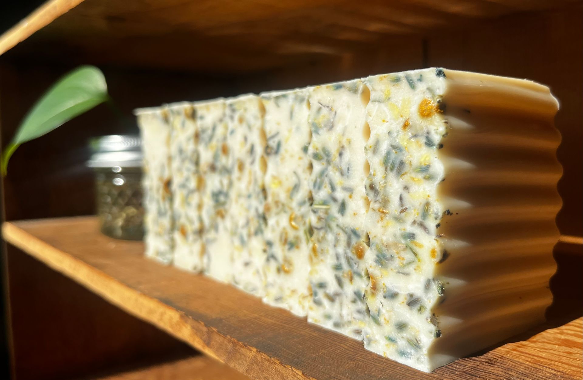 Wooden Shelf with bars of soap with decorative plants above.