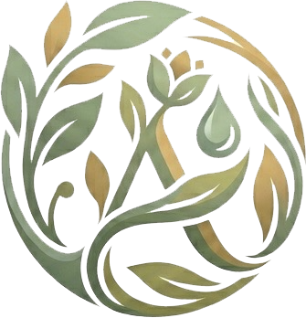 Circular green and gold leaf logo with a water droplet in the center