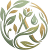 Circular green and gold leaf logo with a water droplet in the center