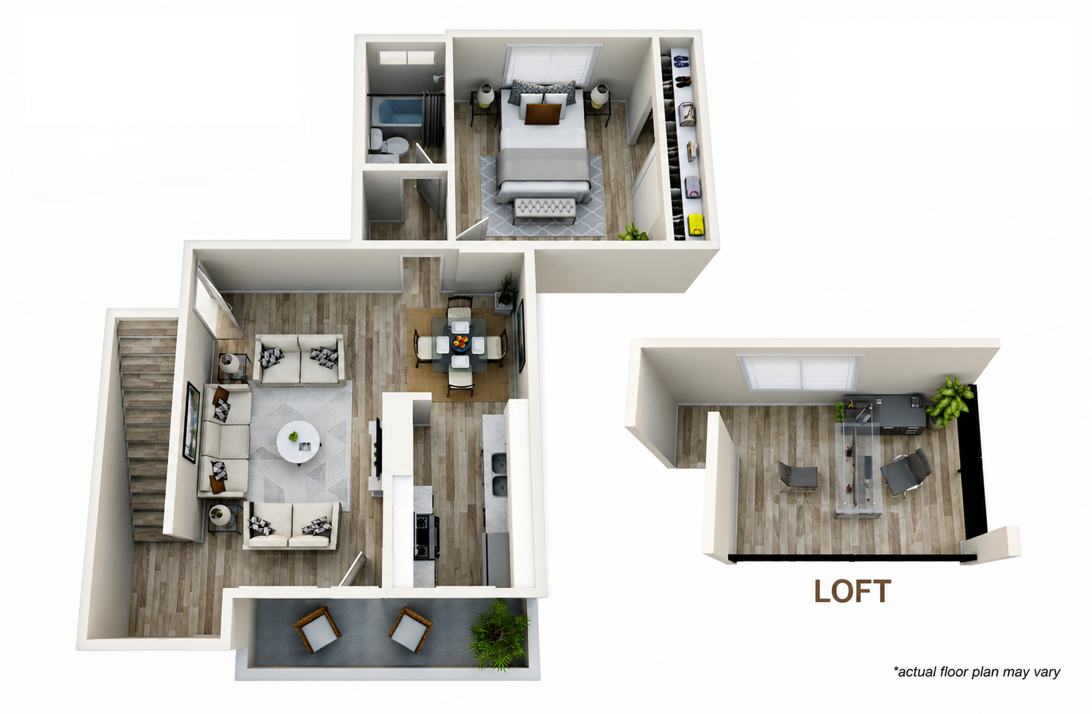 3D floor plan of a small loft apartment with kitchen, dining, living, and bedroom areas