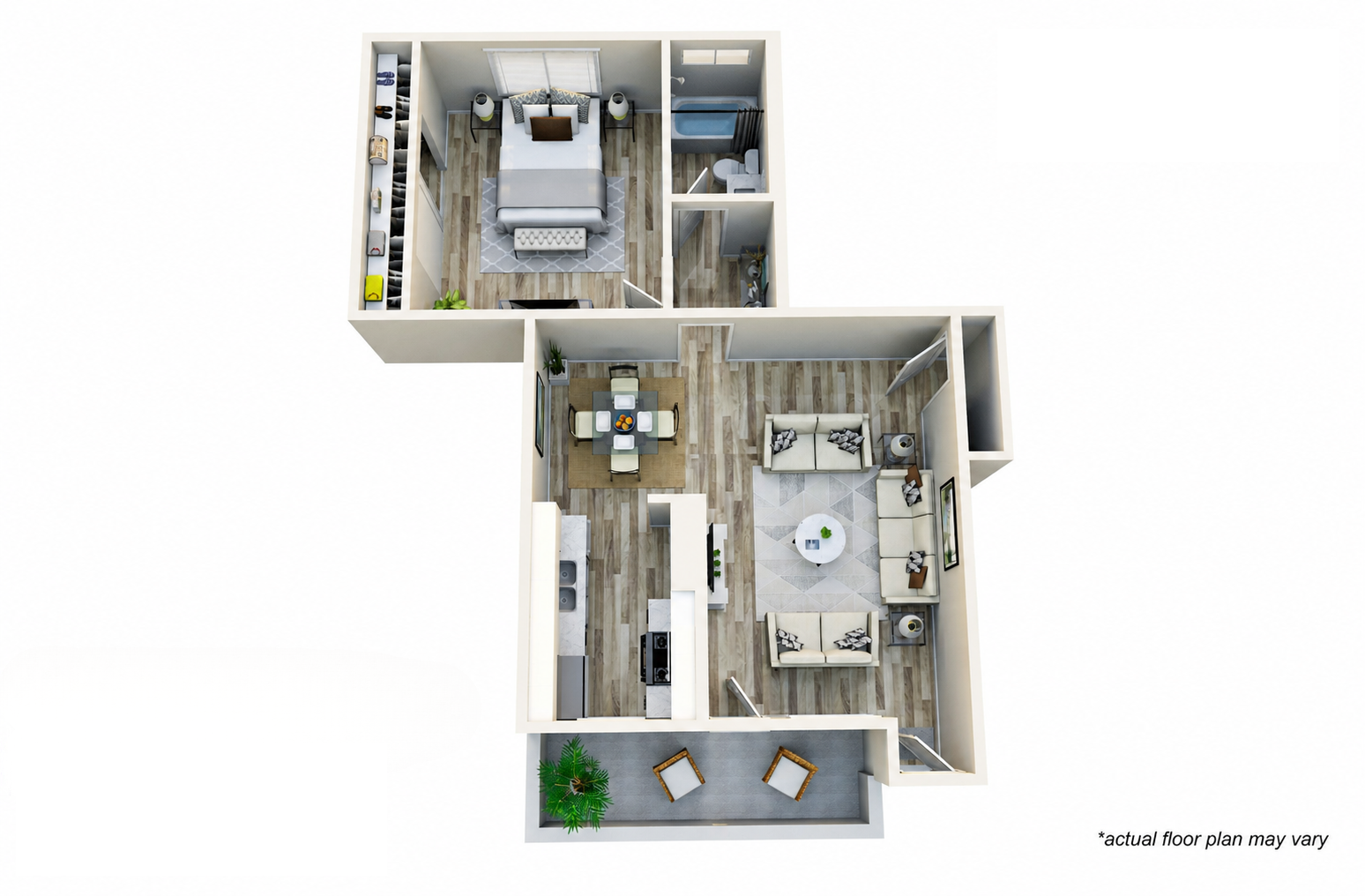 Top-down view of a small two-story apartment floor plan with bedroom, kitchen, bathroom, living area, and balcony.