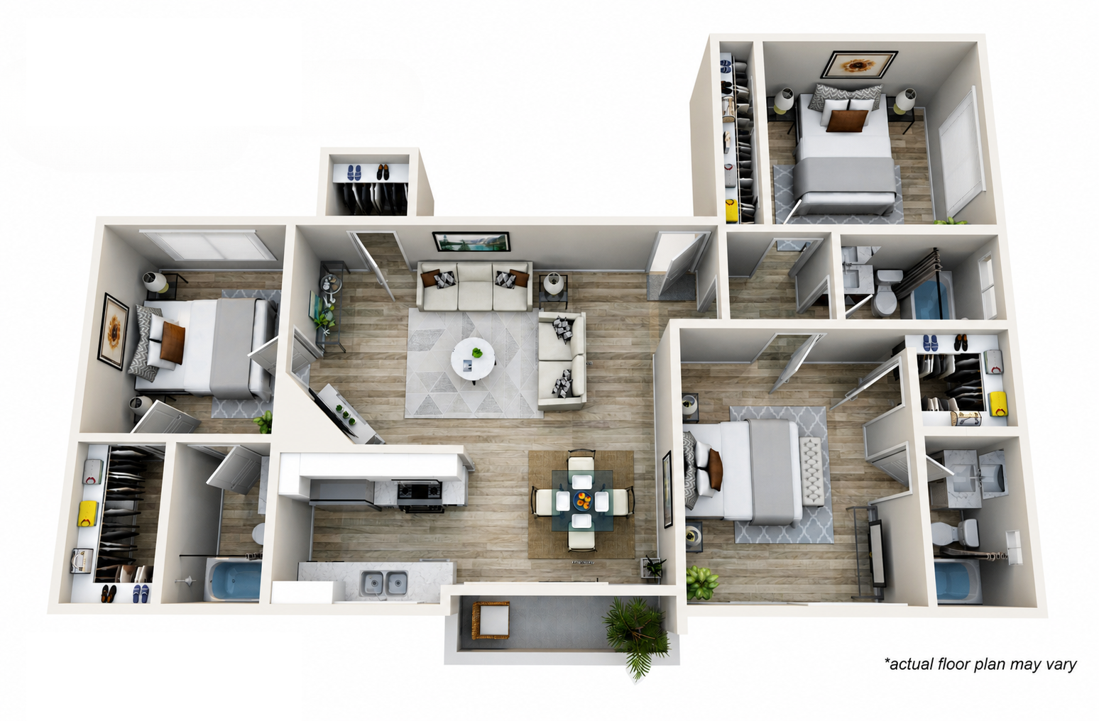 3D floor plan of a modern apartment with bedroom, kitchen, living area, bathroom, and balcony.