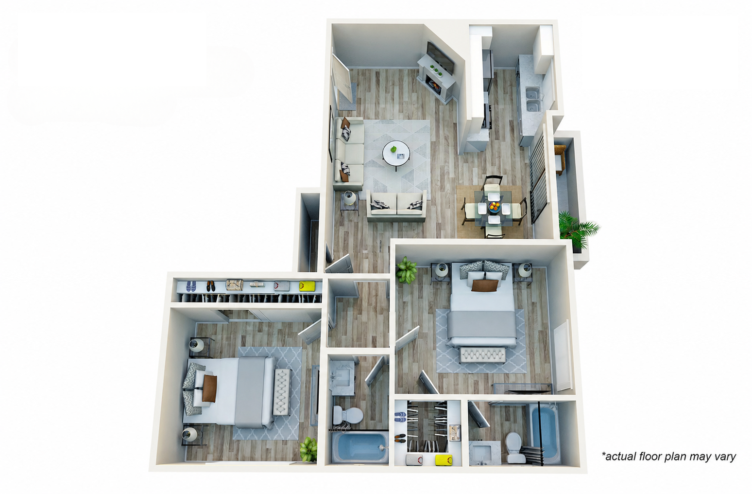 3D floor plan of a small apartment with bedroom, living area, kitchen, bath, and balcony