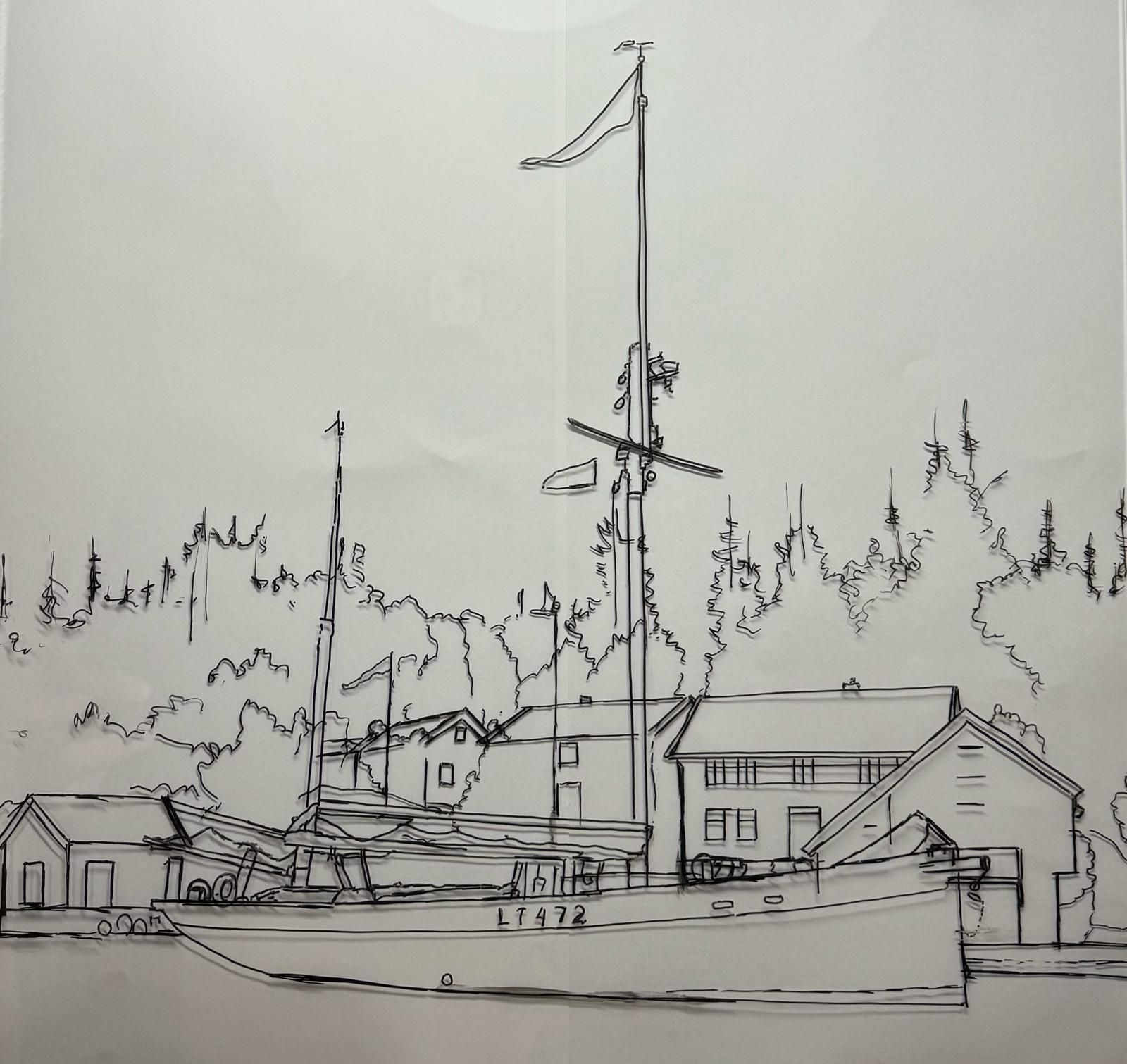Michelle Cohen's line drawing on glass as a layer of the painted piece
