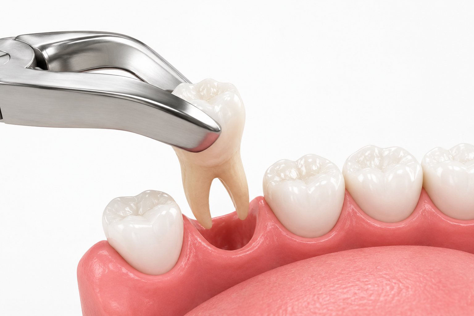 Dental forceps removing a tooth from pink gums, close-up illustration