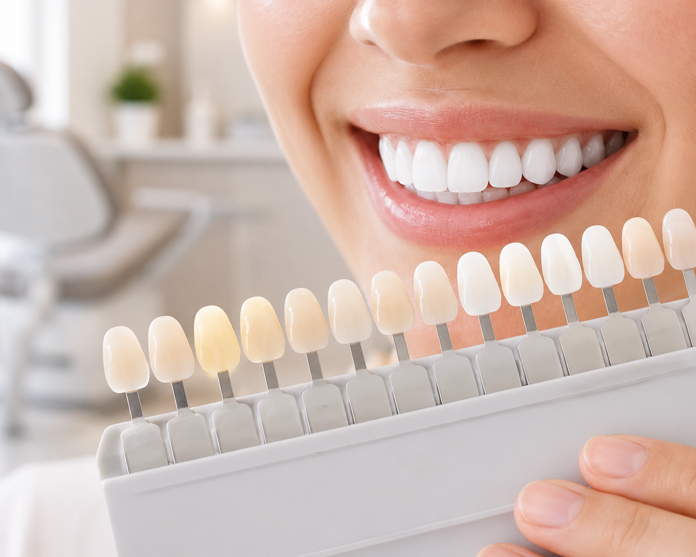 Smiling mouth beside a teeth shade guide, comparing tooth colors