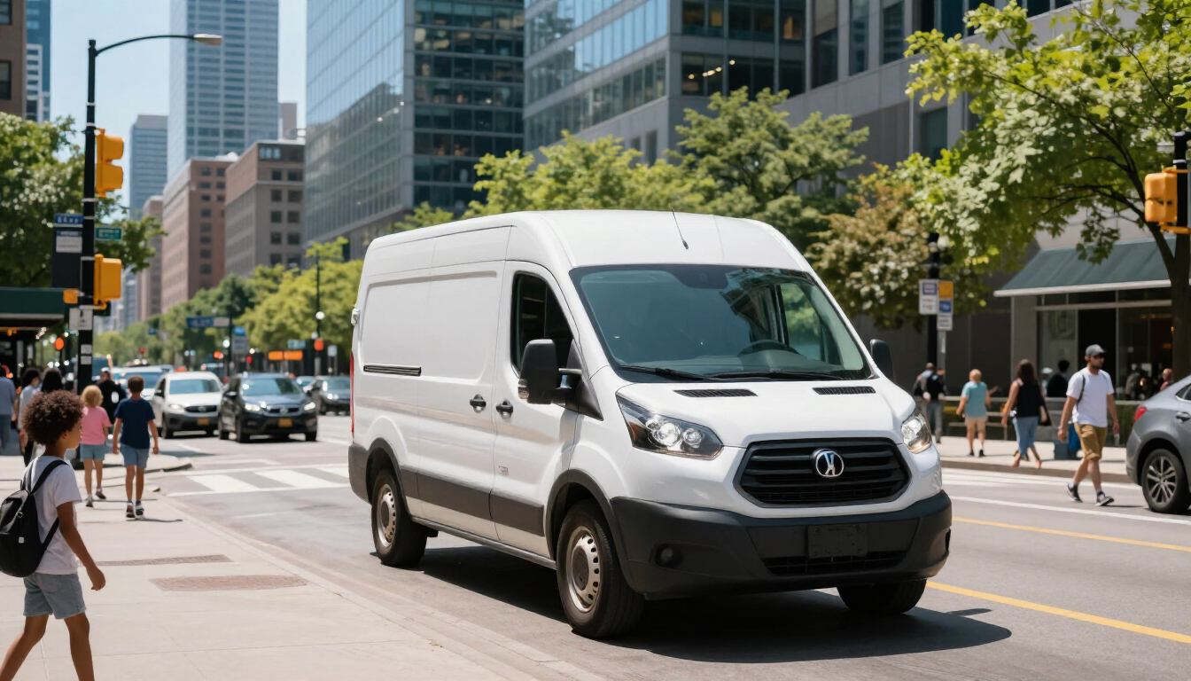 A professional courier delivering a package on the same day in a busy urban environment.