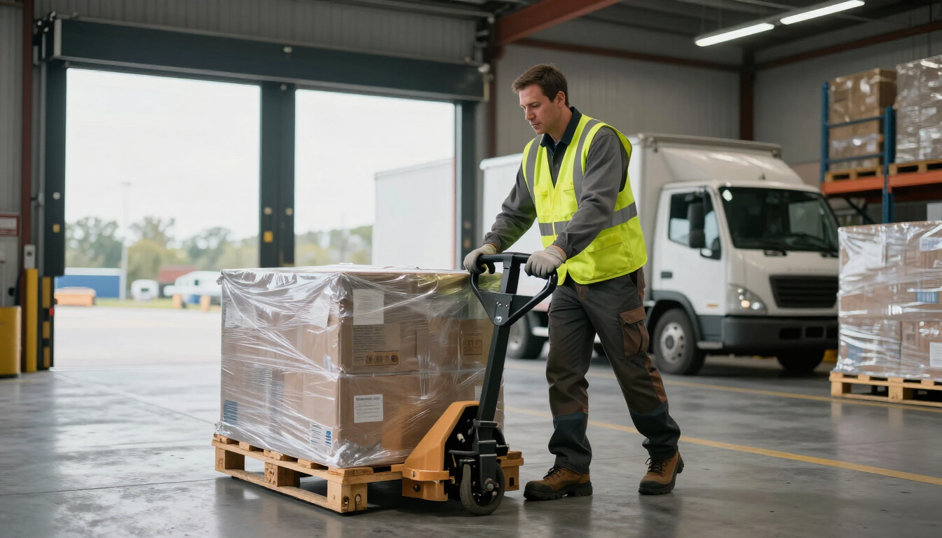 Courier driver handling palletized freight at a commercial receiving dock