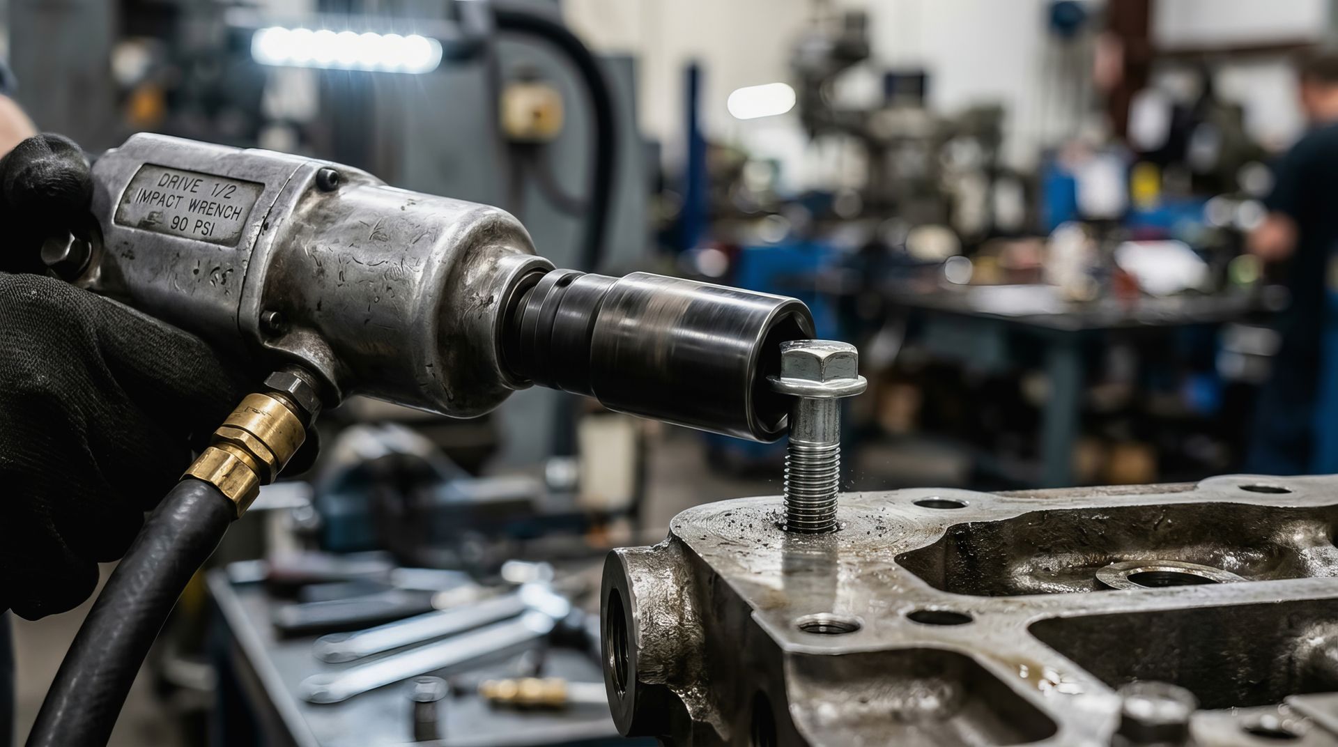 Pneumatic cylinder repairs technician using an impact wrench on industrial machinery components.