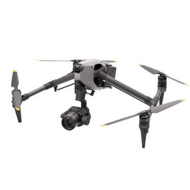 Gray drone with black propellers and camera.