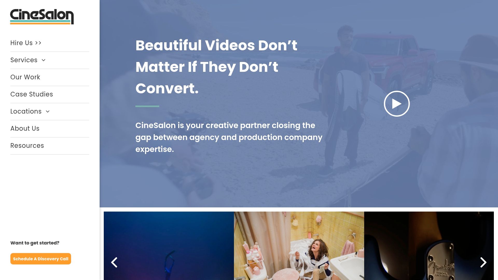 Video marketing website homepage with headline, left navigation, and video thumbnails on the right