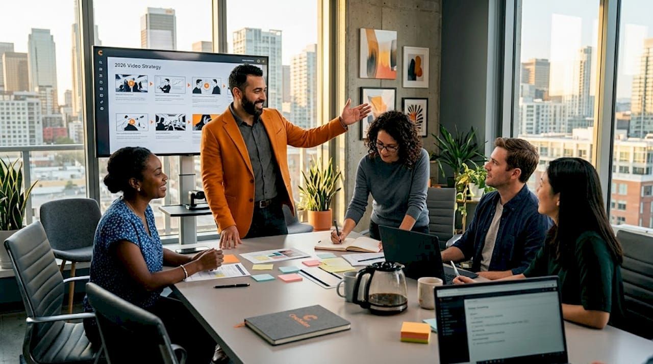 Team meeting in a modern office, with a presenter pointing at a screen and coworkers discussing around a conference table.