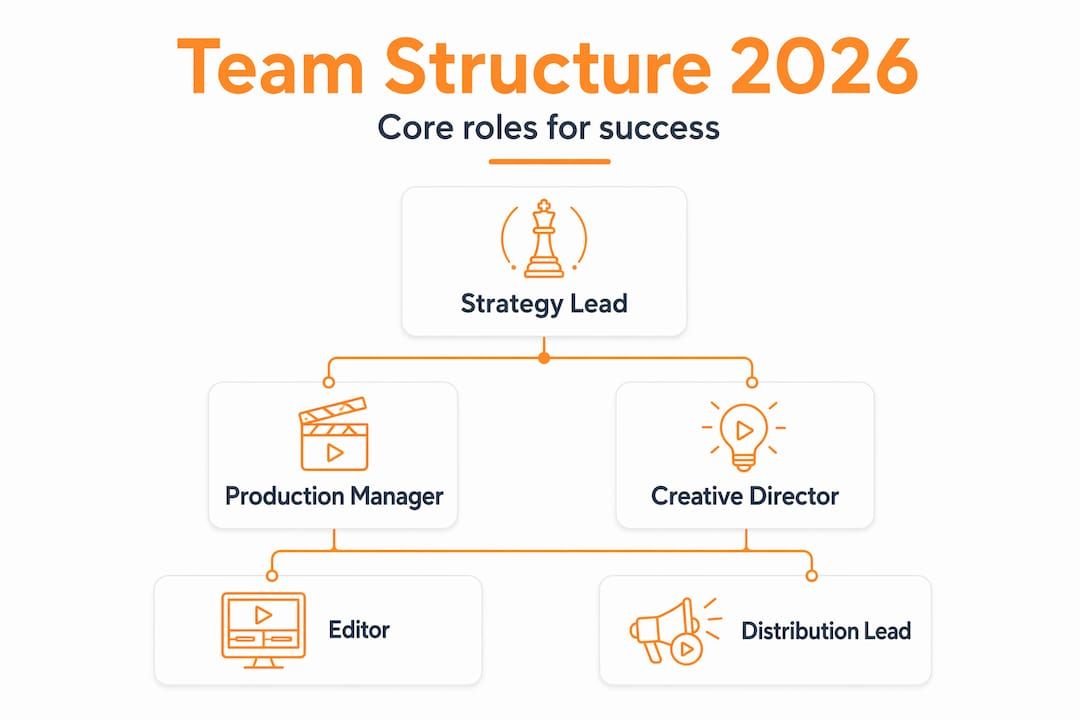 Team Structure 2026 org chart with Strategy Lead, Production Manager, Creative Director, Editor, and Distribution Lead