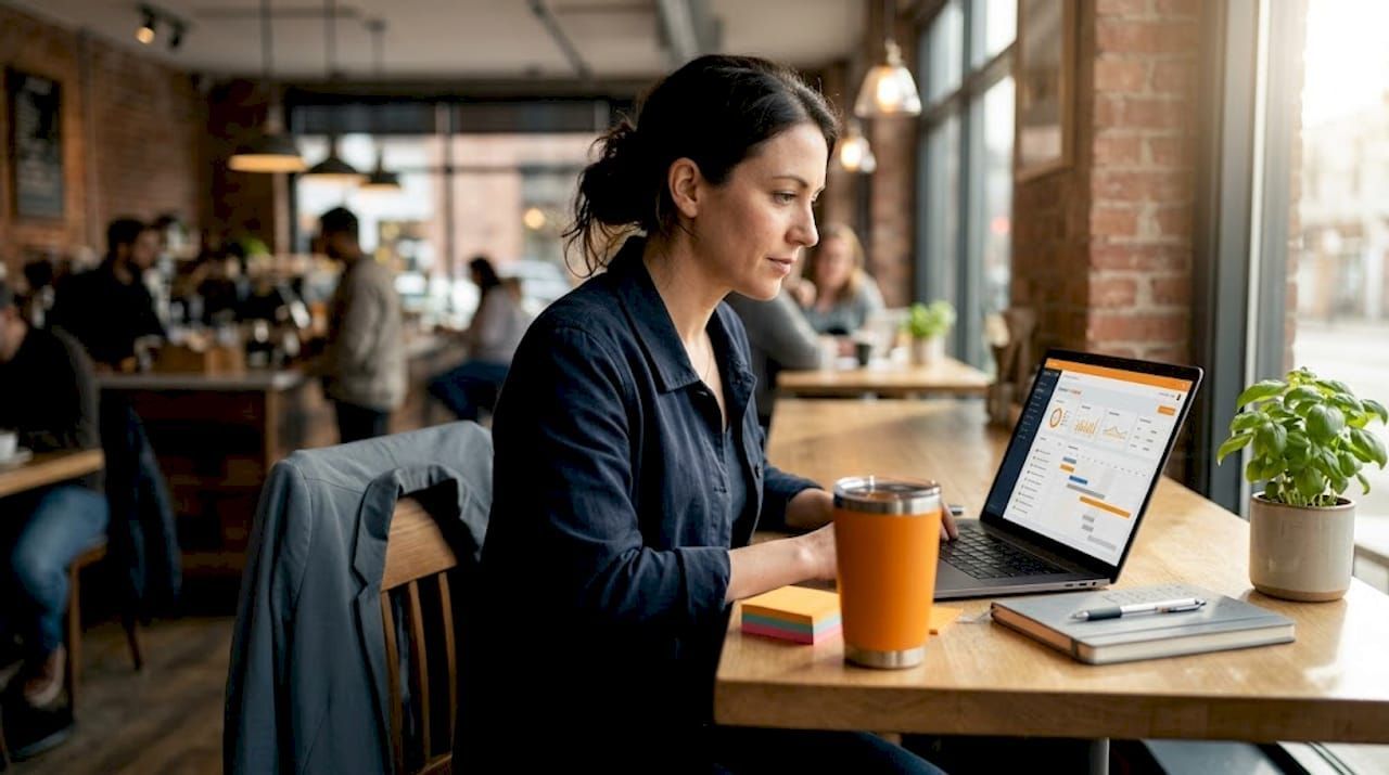Woman working on a laptop at a café table with a coffee mug and plant nearby