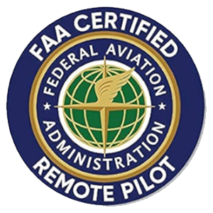 FAA Certified Remote Pilot badge. Blue and gold, with a globe and winged emblem.