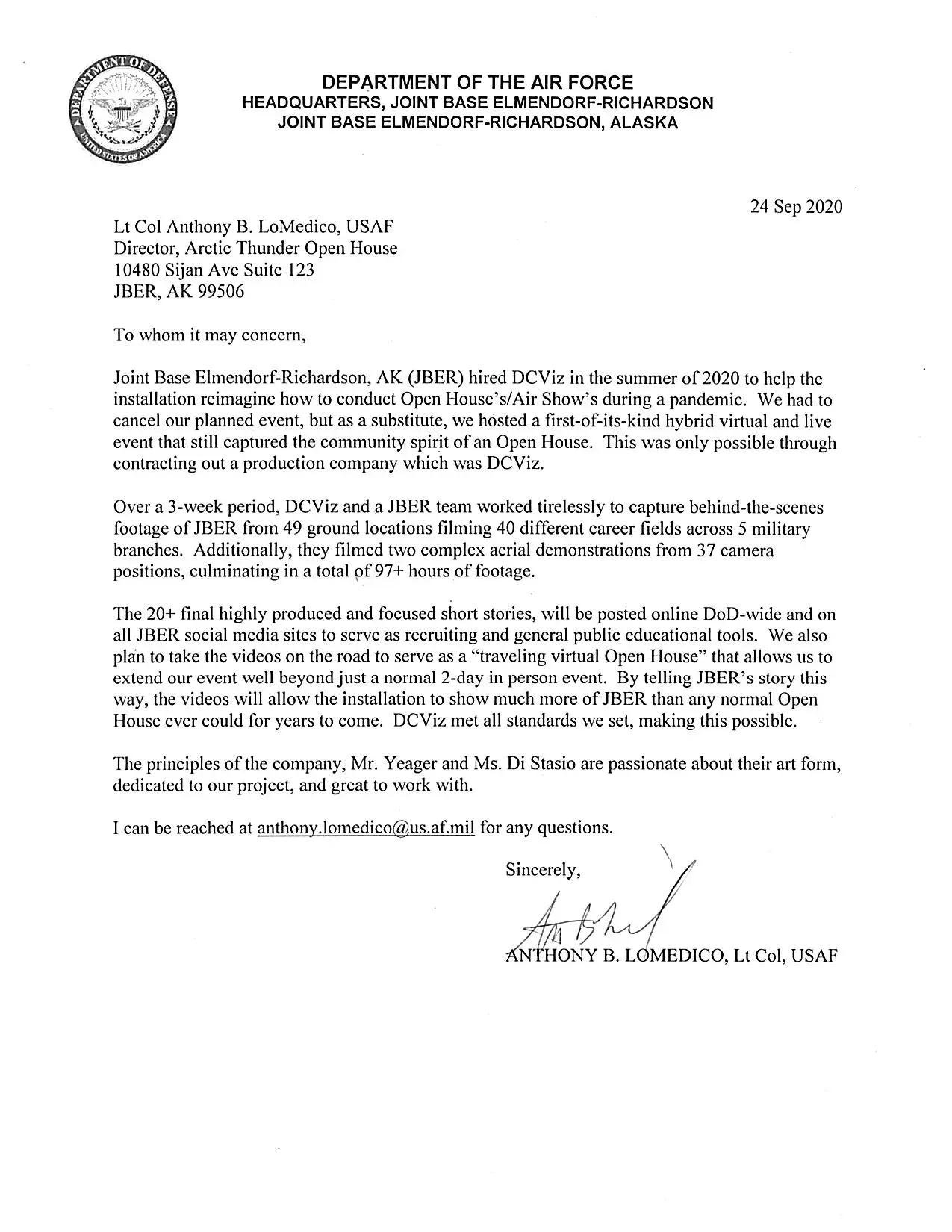 A letter from the department of the air force is on a white background.